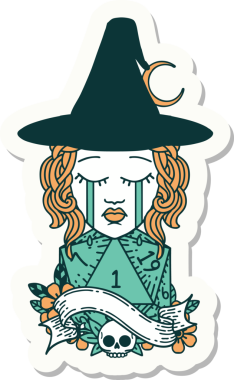 Bir insan tarafından çizilmiş doğal D20 rulo ile ağlayan bir insan cadının çıkartması.