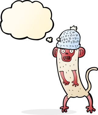 Bir insan tarafından çizilmiş düşünce balonlu çılgın maymun çizgi filmi.