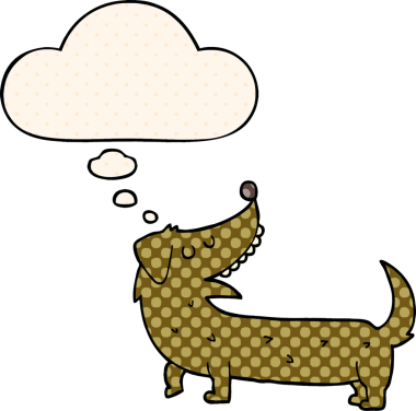 Çizgi roman tarzında bir insan tarafından çizilmiş düşünce balonu olan çizgi film köpeği.