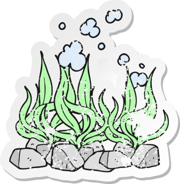 Bir insan tarafından çizilmiş karikatür deniz yosunu etiketi.