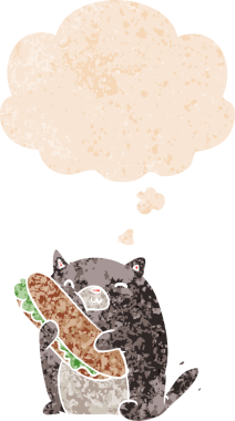 Düşünce baloncuklu sandviçli çizgi film kedisi bir insan tarafından çizilmiş dertli retro stili.