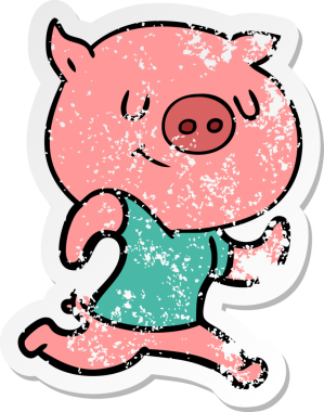 Bir insan tarafından çizilen mutlu çizgi film domuzunun sıkıntılı çıkartması.