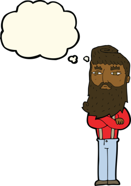 Bir insan tarafından çizilmiş sakallı, ciddi bir çizgi film karakteri.