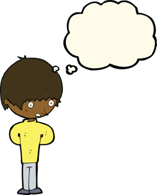 Bir insan tarafından çizilmiş düşünce baloncuğu olan sinirli bir çocuk.