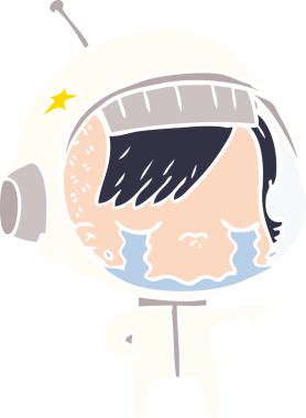 Düz renkli çizgi film ağlayan astronot kız bir insan tarafından çizilmiş.