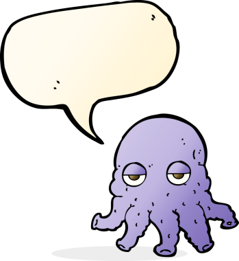 Bir insan tarafından çizilmiş konuşma baloncuklu uzaylı mürekkep balığı yüzü.
