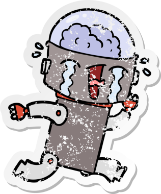 Bir insan tarafından çizilmiş, karikatür ağlayan robot çıkartması.