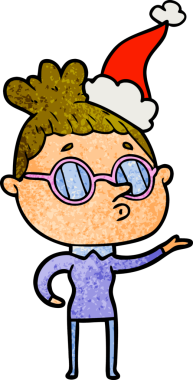 Bir insan tarafından çizilmiş Noel Baba şapkası takan bir kadının el çizimi karikatürü.