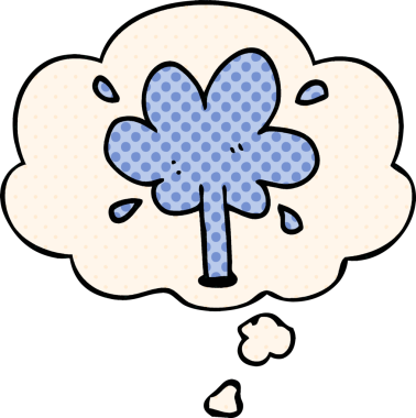 Çizgi roman tarzında bir insan tarafından çizilmiş düşünce kabarcığı olan karikatür suyu fışkırtır.