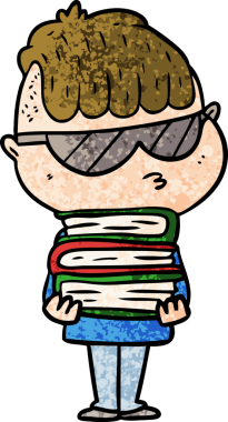 Bir insan tarafından çizilmiş güneş gözlüğü takan çizgi filmci çocuk.