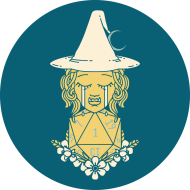 Retro Dövme Tarzı Ağlayan Yarı Ork Cadısı Bir D20 zar bir insan tarafından çizilmiş