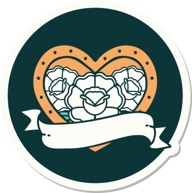 Geleneksel kalp stili dövme çıkartması ve bir insan tarafından çizilmiş çiçekli pankart.