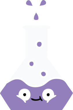 Bir insan tarafından çizilmiş bir bilim şişesinin düz renkli retro karikatürü