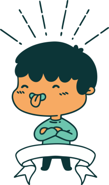 Dövmeli çocuk bir insan tarafından çizilmiş dili dışarı çıkarıyor.