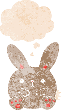 Düşünce baloncuklu çizgi film tavşanı grunge dertli eski moda bir insan tarafından çizilmiş.