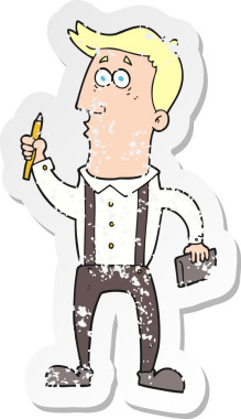 Bir insan tarafından çizilmiş defteri olan karikatürcü adamın gerilimli retro yapıştırması.