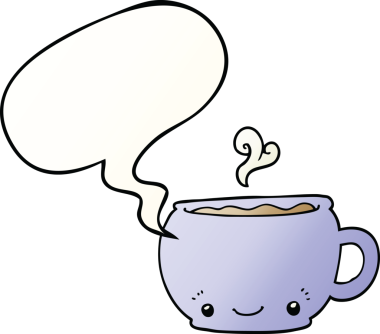 Bir insan tarafından çizilmiş yumuşak eğimli konuşma balonlu sıcak kahve fincanı.