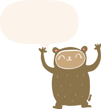 Bir insan tarafından çizilmiş konuşma baloncuğu olan sevimli çizgi film ayısı.