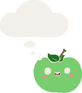 insan tarafından çizilmiş, düşünce baloncuklu çizgi film elması.