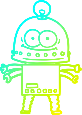 Bir insan tarafından çizilmiş ampullü mutlu bir robot çizimi.