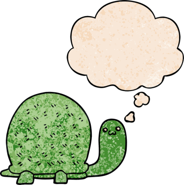 Bir insan tarafından çizilmiş grunge desenli düşünce baloncuğu olan sevimli çizgi film kaplumbağası.