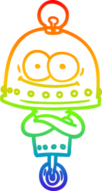 Gökkuşağı gradyan çizgisi mutlu bir karton robot çizimi ve bir insan tarafından çizilmiş ampul.