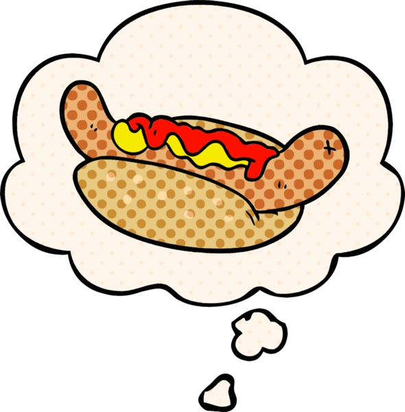 Çizgi roman tarzında bir insan tarafından çizilmiş, düşünce baloncuklu bir sosisli sandviç.