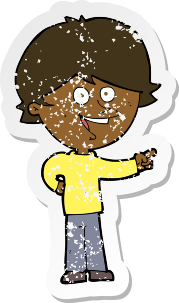 Bir insan tarafından çizilmiş, gülen ve işaret edilen bir çizgi film karakterinin gerilimli geçmiş çıkartması.