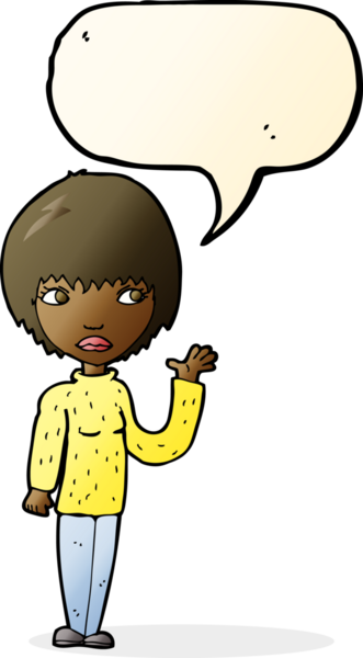 Bir insan tarafından çizilmiş bir konuşma balonuyla el sallayan çizgi film kadını.