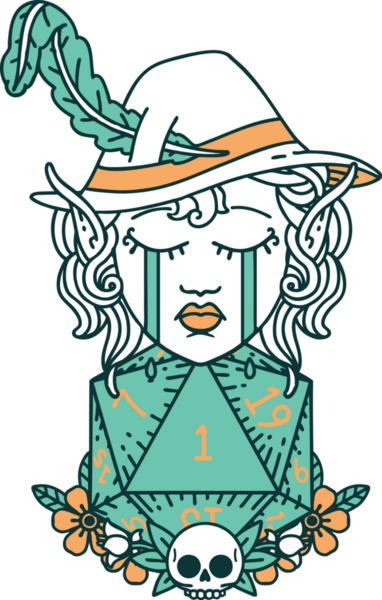 Retro Dövme Tarzı Ağlayan Elf Ozan Karakteri Bir insan tarafından çizilmiş doğal D20 rulo