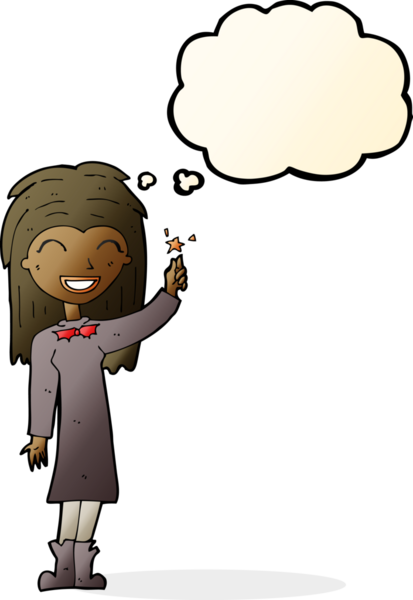 Bir insan tarafından çizilmiş düşünce balonlu cadı kız.