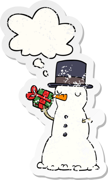 Düşünce baloncuğu olan kardan adam bir insan tarafından çizilmiş yıpranmış bir çıkartma.