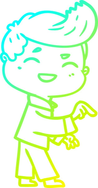 Bir insan tarafından çizilen, gülen ve işaret edilen çizgi film karakterinin soğuk gradyan çizimi.