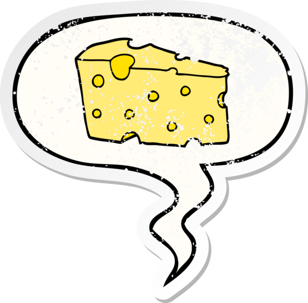 Konuşma baloncuklu çizgi film peyniri bir insan tarafından çizilmiş sıkıntılı eski bir çıkartma