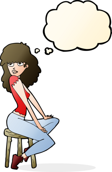 Bir insan tarafından çizilmiş düşünce baloncuğuyla poz veren karikatür kadın.