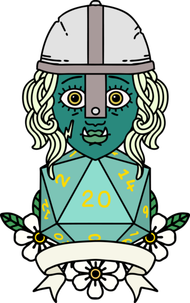 Retro Dövme Tarzı Yarı Ork Dövüşçüsü Bir insan tarafından çizilmiş doğal yirmi zar atışıyla