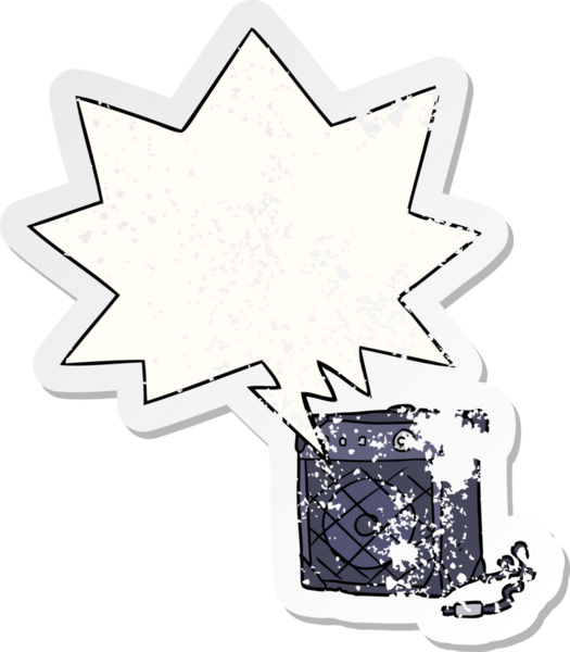 Konuşma balonlu elektro gitar amfisi bir insan tarafından çizilmiş sıkıntılı eski bir çıkartma