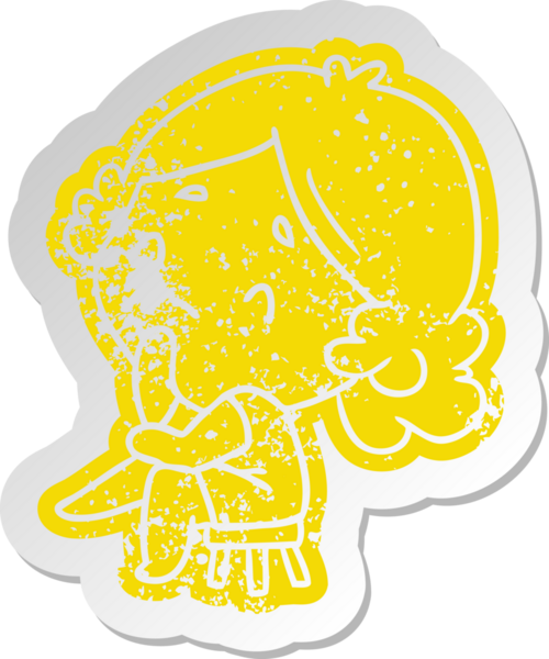 Bir insan tarafından çizilmiş sevimli bir kawaii bayanın sıkıntılı karikatür çıkartması.