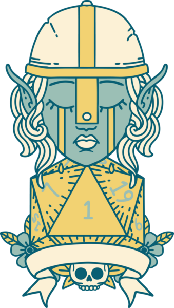 Retro Dövme Tarzı Ağlayan Elf Savaşçısı karakteri yüzü ve bir insan tarafından çizilmiş D20 rulosu.