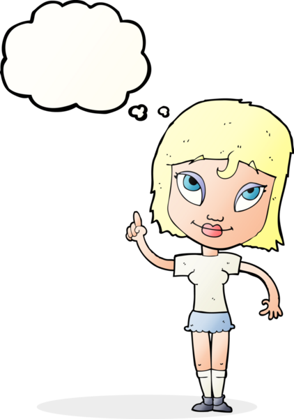 Bir insan tarafından çizilmiş düşünce baloncuğu fikri olan karikatür kadın.