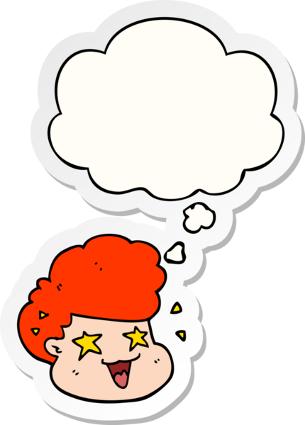 Bir insan tarafından çizilmiş bir çıkartma gibi düşünce balonlu çizgi film heyecanlı çocuk