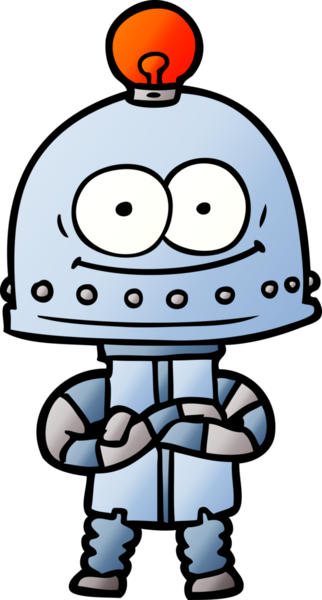 Bir insan tarafından çizilmiş ampullü mutlu karton robot.