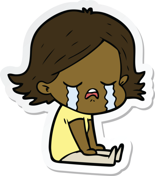 Ağlayan bir çizgi film kızının çıkartması bir insan tarafından çizilmiş yere oturdu.