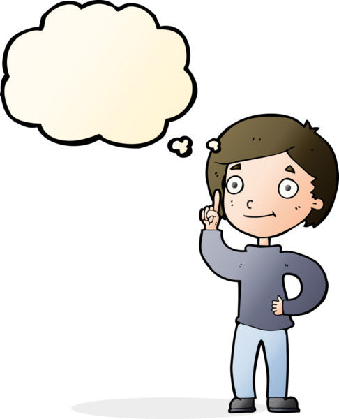 Bir insan tarafından çizilmiş düşünce baloncuğu fikri olan çizgi film çocuğu.