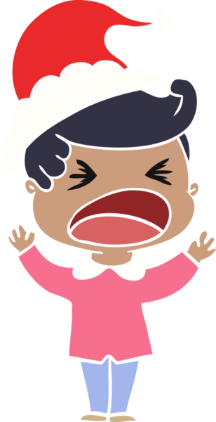 Bir insan tarafından çizilmiş Noel Baba şapkası giyen bağıran bir adamın düz renkli çizimi.