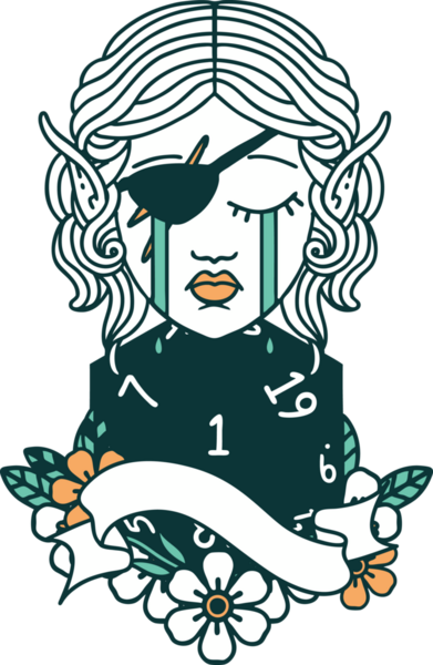 Retro Dövme Tarzı Ağlayan Elf düzenbaz karakter yüzü ve bir insan tarafından çizilmiş doğal bir D20 rulo