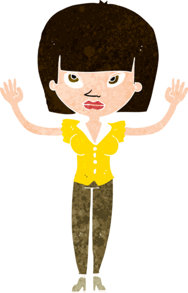 Bir insan tarafından çizilmiş kaldırılmış elleri olan çizgi film kadını.