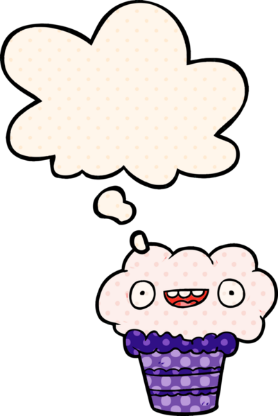 Bir insan tarafından çizilmiş, düşünce baloncuklu çizgi roman tarzı kek.