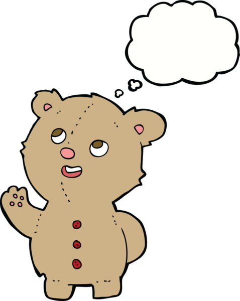 Bir insan tarafından çizilmiş düşünce baloncuklu şirin oyuncak ayı.