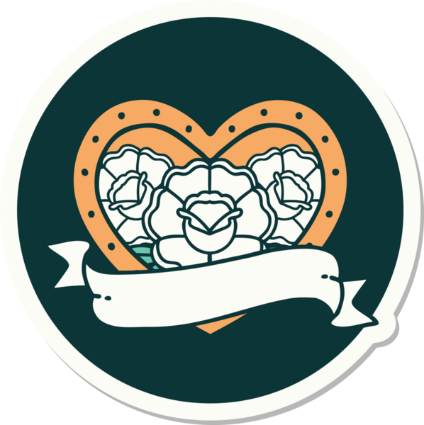 Geleneksel kalp stili dövme çıkartması ve bir insan tarafından çizilmiş çiçekli pankart.